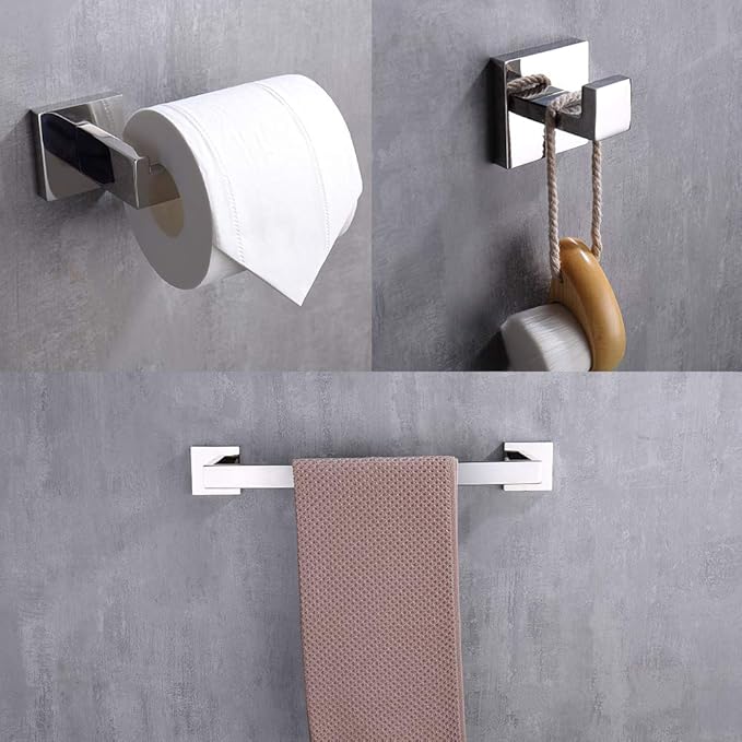 TASTOS 3-Piece Chrome Bathroom Hardware Accessory Set, Premium Stainless Steel Robe Hook Toilet Paper Holder 16-Inch Towel Bar Set Wall Mounted Square Style, Polished Finish (Silver)