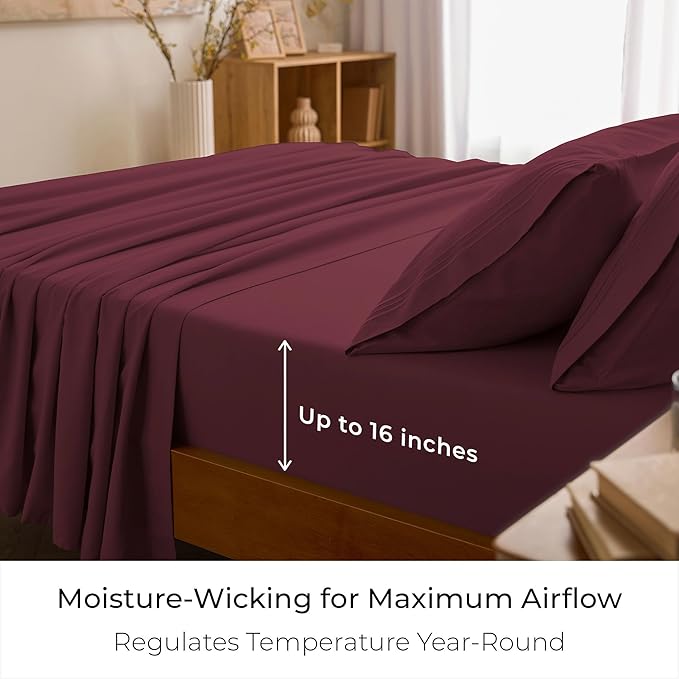 Mellanni Queen Sheets Set - 4 PC Iconic Collection Bedding - Hotel Luxury, Extra Soft, Cooling Bed Sheets - Wrinkle, Fade, Stain Resistant (Queen, Burgundy)