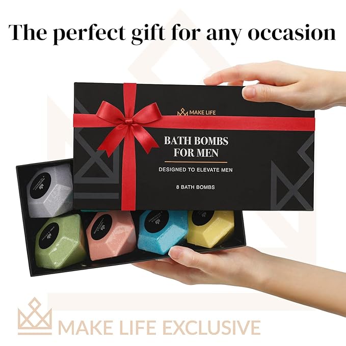 Bath Bombs for Men, Diamond Shape, Gifts for Men, 8 Large 5oz Bombs, 100% Natural Products & Essential Oils, Soak in, Bubble Bath