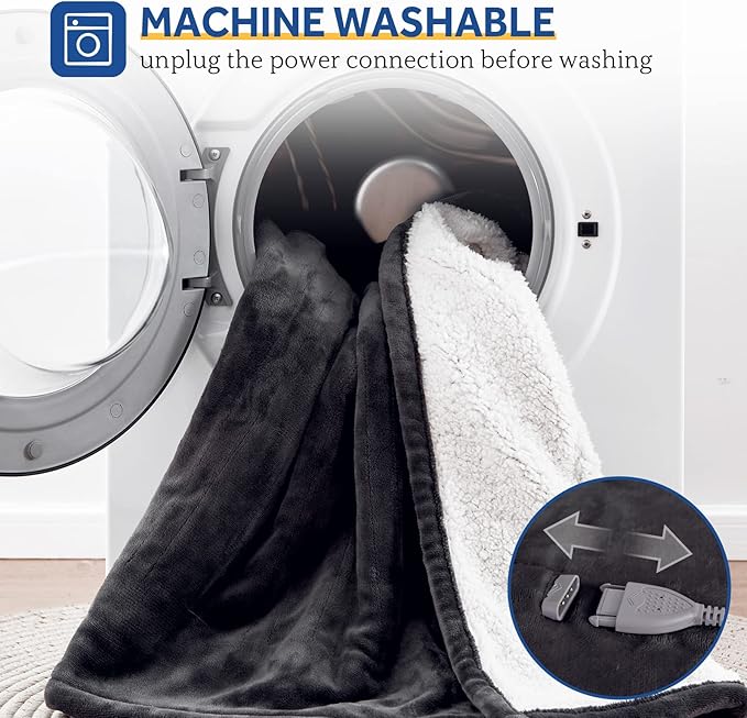 SEALY Heated Electric Blanket Full Size, Flannel & Sherpa Heating Blanket with with 10 Heating Levels & 1-12 Hours Auto Shut Off, Fast Heating Blanket, Machine Washable, Grey, 80 x 84 Inch