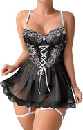 Lilosy Sexy Garter Belt Mesh Lace Babydoll Lingerie Dress Set with Thong
