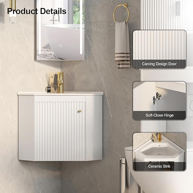 Corner Bathroom Vanity Sink Cabinet 24", Wall Mount Floating for Small Bathroom, White Ceramic Top (Faucet Not Included) (Wave Pattern)
