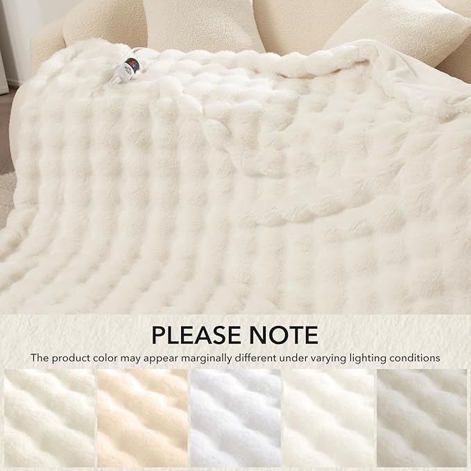 Faux Fur Heated Blanket Throw White - Luxury Fluffy Rabbit Bubble Electric Blanket with 6 Heating Levels, 4 Time Settings, Ideal Gift for Women, Machine Washable (50"x60")