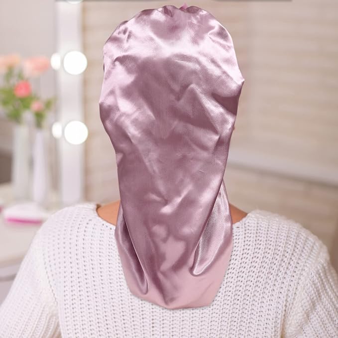 AWAYTR Long Satin Bonnet for Women - Double Layer Elastic Silk Bonnet for Braids Hair Sleeping Cap with Tie Band (Rose Gold)