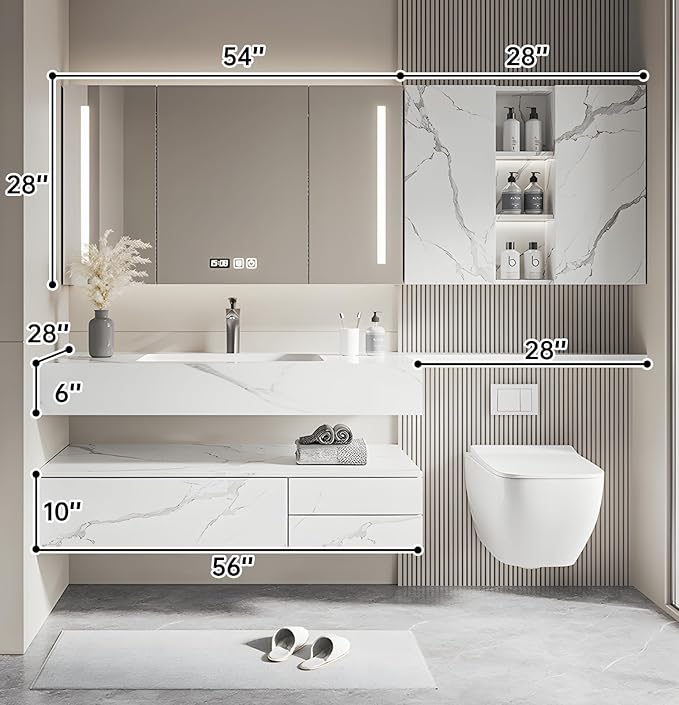 Floating Bathroom Vanity with Sink, Solid Wood Bathroom Vanity Set, Smart Defogging Mirror & Induction Side Cabinet & Large Storage - Elegant Bathroom Vanities (White,56IN)