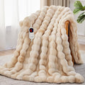 Heated Blanket Queen Size with 1/2/4/6/8 Hours Auto-Off 10 Heat Level, 72'' * 84'' Cozy Faux Rabbit Fur Bubble Electric Blanket with Overheat Protection(Tie-Dye Beige)