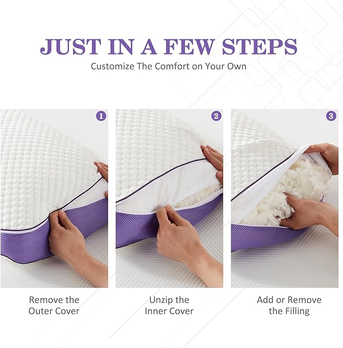 HOMELAB Adjustable Shredded Memory Foam Pillow King Size, Cooling Bed Pillow for Sleeping with Removable Cover, Medium Pillow for Side Stomach & Back Sleepers, 1 Pack 20"x34"