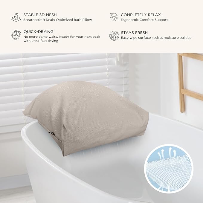 Bath Pillows for Tub Neck and Back Support,Bathtub Cushion backrest headrest Neck Pillow,tub Pillow for Bathtub,3D Mesh Core,Breathable,Quick-Drying,Ergonomic Relaxation (Pearl)