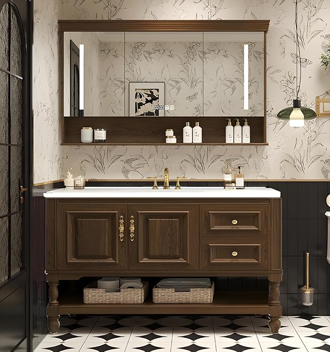 40" Bathroom Vanity with Sink,Freestanding Bathroom Vanity Large Storage Cabinet & Open Mirror Cabinet,2 Soft Closing Doors and 2 Drawers Solid Wood Luxury Bathroom Vanities Set,Brown