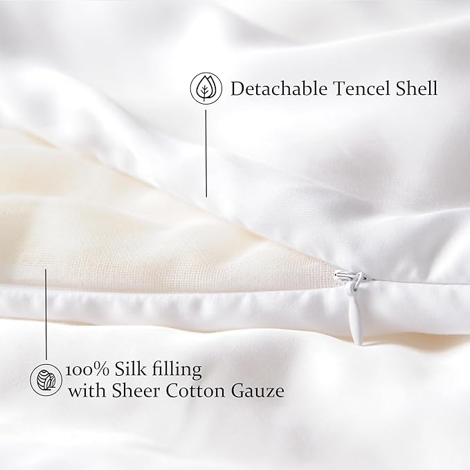 CUDDLE DREAMS Silk Filled Comforter for All Season, Detachable Tencel Duvet Cover for Easy Care, Naturally Breathable (White, King)