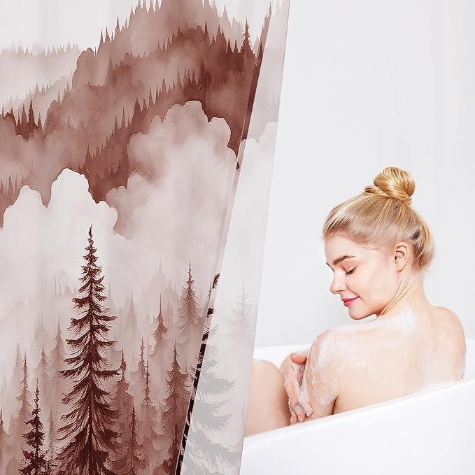 Burgundy Long Misty Pine Forest Shower Curtain 72 x 78, Mountain Foggy Woodland Scenery Tree 78 Inch Long Shower Curtains for Bathroom, Abstract Waterproof Nature-Themed Decor