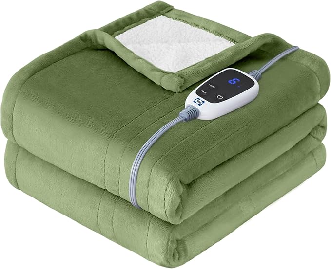 SEALY Heated Throw Blanket, Flannel & Sherpa Electric Throw with 6 Heat Setting & 2-10 Hours Auto Shut Off, Fast Heating & Machine Washable, 50x60 Inch, Green