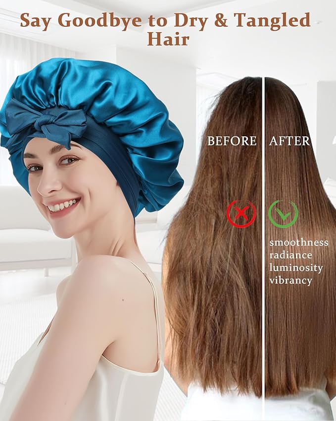 100% Mulberry Silk Bonnet for Sleeping Women Double Layer Silk Hair Bonnet Natural Silk Sleep Cap with Elastic Reversible Hair Wrap (Blue+Gray)