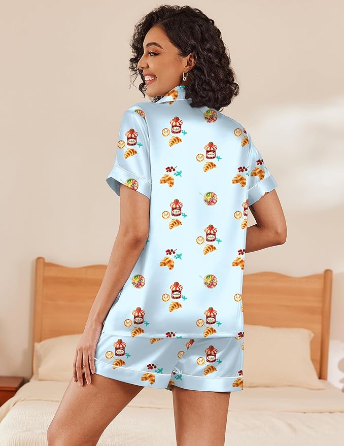 Ekouaer Women's Silk Satin Pajama Set Short Sleeve Pjs Shorts Set Comfy Button Down 2 Piece Sleepwear Loungewear