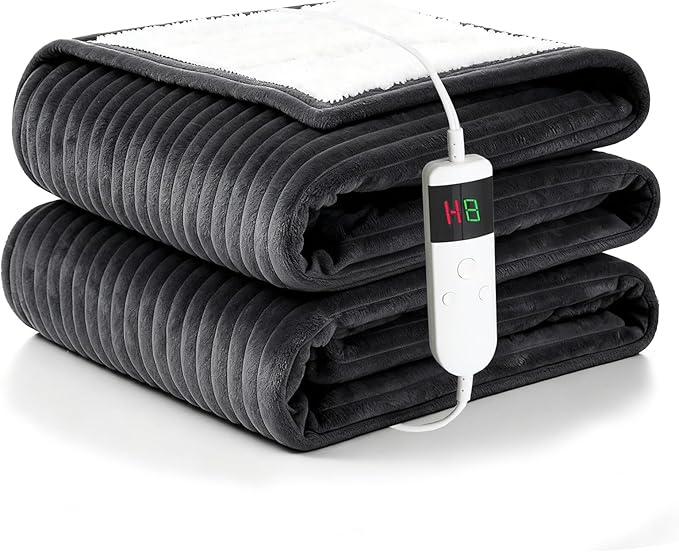 Heated Blanket Electric Throw, Soft Flannel Heating Blanket with 8 Hours Auto Off 10 Fast Heating Levels Machine Washable Sherpa Heated Blanket with Overheating Protection