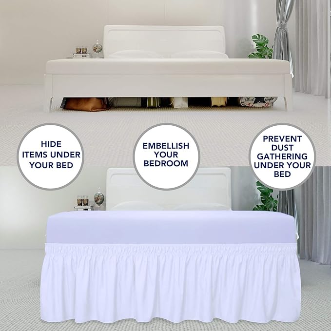 PureFit Wrap Around Ruffled Bed Skirt with Adjustable Elastic Belt - 14 Inch Drop Easy to Put On, Wrinkle Free Bedskirt Dust Ruffles, Bed Frame Cover for Queen, King and C-King Size Beds, White