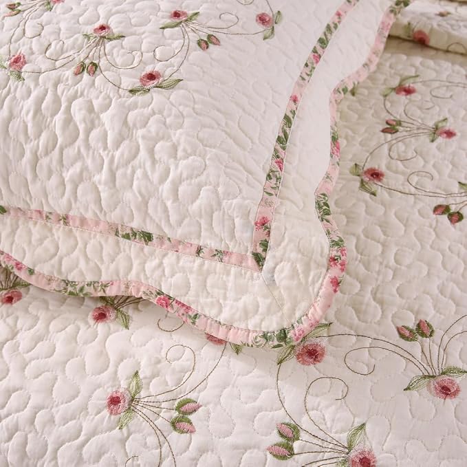 Quilt Set Floral Leaves 3D Embroidery Pattern 3 PCS Cotton Reversible Quilted Embroidered Decorative Bedspreads Coverlet Set, Lightweight &Soft Queen Size Beige Bedding Coverlet for All Season