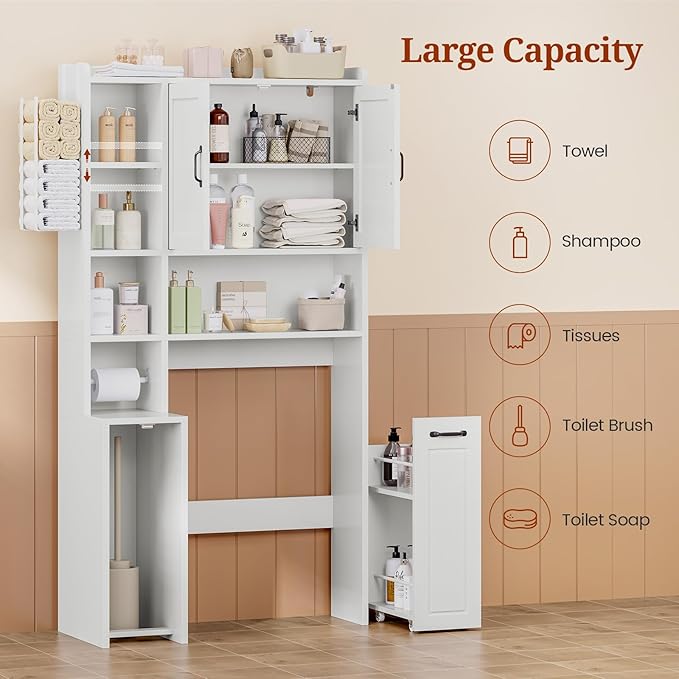 Over The Toilet Storage Cabinet with Pulley, Bathroom Cabinet, Space Saver W/Adjustable Shelf Rack for Bathroom, Restroom, Laundry (White-Type B)