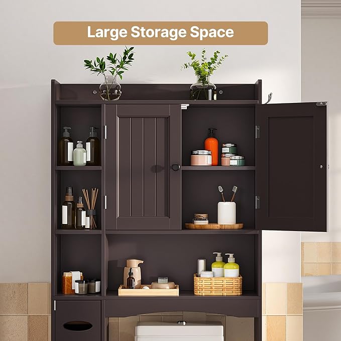 Gizoon Over The Toilet Storage Cabinet, Over Toilet Bathroom Organizer with Adjustable Shelves and 2 Doors, Over Toilet Storage Cabinet with Paper Holder, 2 Side Hooks, Space-Saver, Dark Brown
