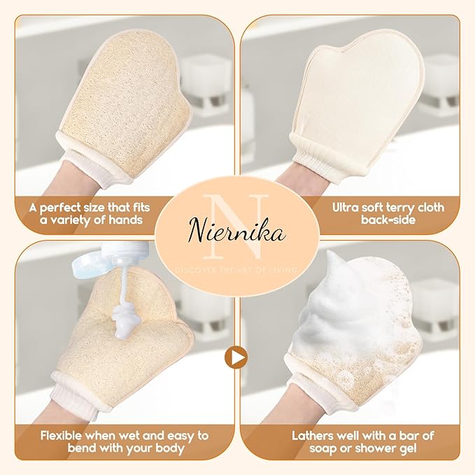 Natural Loofah Exfoliating Mitts, 100% Plant-Based Loofah Sponge for Women and Men,Dye-Free,for face and Body-2 Count