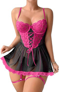 Lilosy Sexy Garter Belt Mesh Lace Babydoll Lingerie Dress Set with Thong