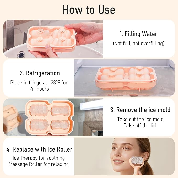 Ice Roller for Face Women Replaceble Rollers + Reusable 2 in 1 Silicone Facial Eyes Ice Cube Mold Set, Body Message Stick Holder for Reduce Puffiness Relief Shrink Pores Anti Wrinkle Skin Care, Pink