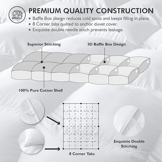 Luxurious Oversized King 108" x 98" Size Goose Down Fiber Waterfowl Feather Fiber Comforter Duvet, 100% Egyptian Cotton Cover, 65 oz. Fill Weight, Baffle Box Design, White Solid
