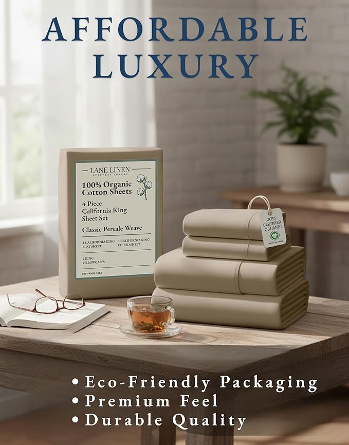 LANE LINEN 100% Organic Cotton California King Sheets Set, 4-Piece Organic Cotton Percale Weave Ultra Soft & Comfy Machine Washable Mercerized Bed Sheets, Fits Mattress Upto 15" Deep - Taupe