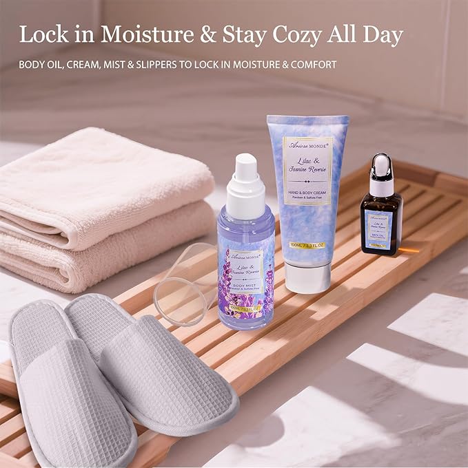 Gift baskets for women, 15Pcs Lilac Women Bath Gift Baskets w/Body Mist, Diffuser, Bath Bomb. Unique Relaxing Spa Gift Basket Set, Mothers Day Gifts for Mom Wife Grandma Daughter Friends Sister