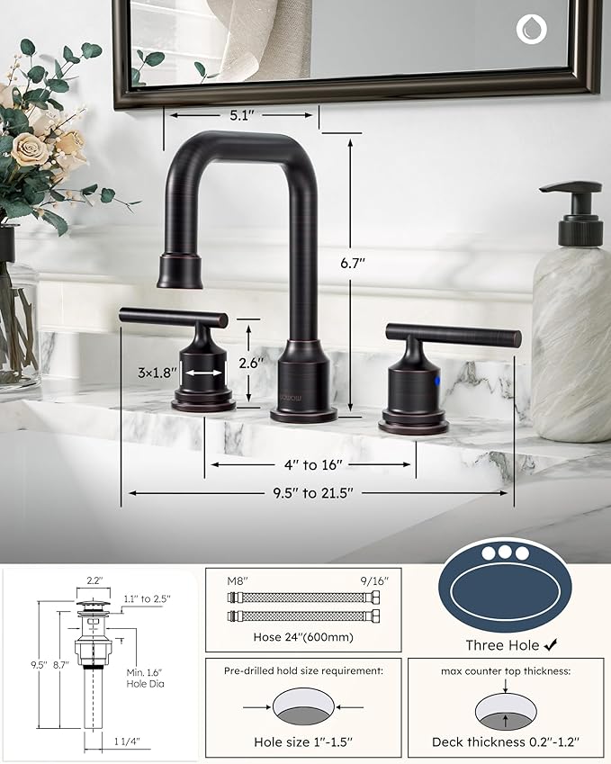 WOWOW Oil Rubbed Bronze Bathroom Faucet Widespread Bathroom Sink Faucet 3 Holes Vanity Faucet 2 Handle Basin Tap with Drain and Suplly Lines Retro