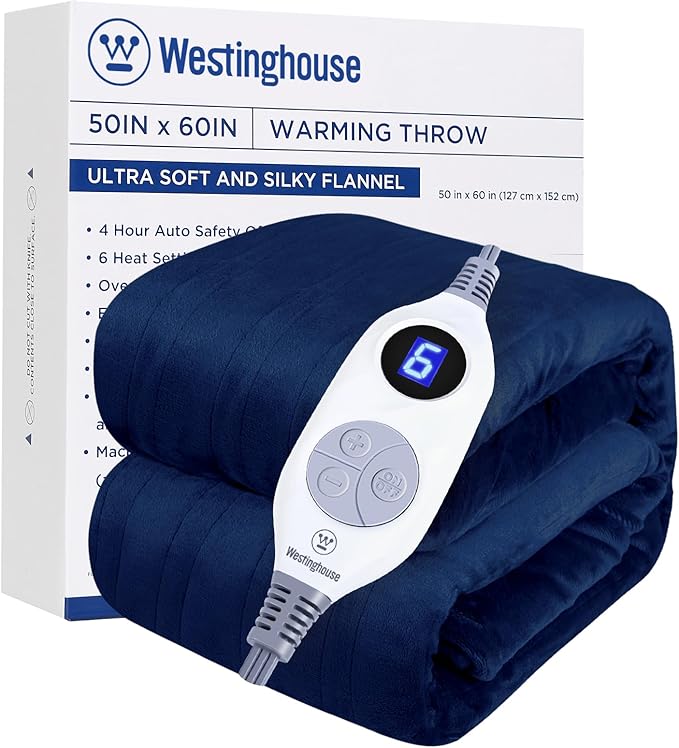 Westinghouse Heated Blanket Throw, Electric Throw with 6 Heating Levels, 2-10 Hours Time Settings, Overheat Protection, Machine Washable, Flannel (Throw, 50x60 Inches, Navy Blue)