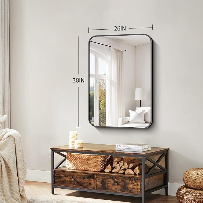 Koonmi Black Framed Bathroom Mirror - 26x38 Inch Shatterproof Tempered Glass Vanity Mirror for Bathroom Sink, Wall Mounted with Matte Aluminum Alloy Frame, No Distortion, Modern Decor