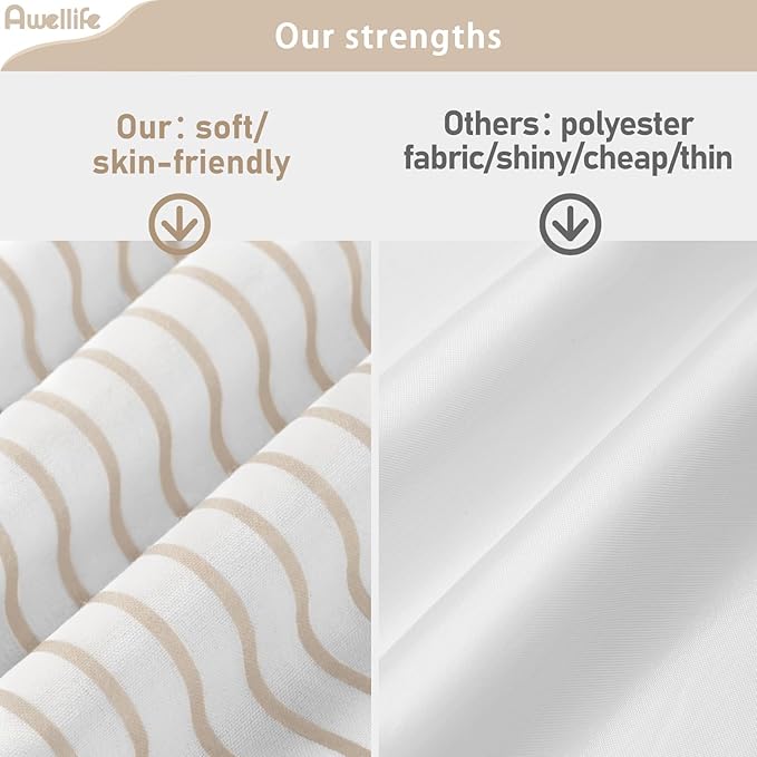 Awellife Boho Beige Shower Curtain for Bathroom Stripe Tassel Shower Curtain 84 X 72 Inches Farmhouse Cotton