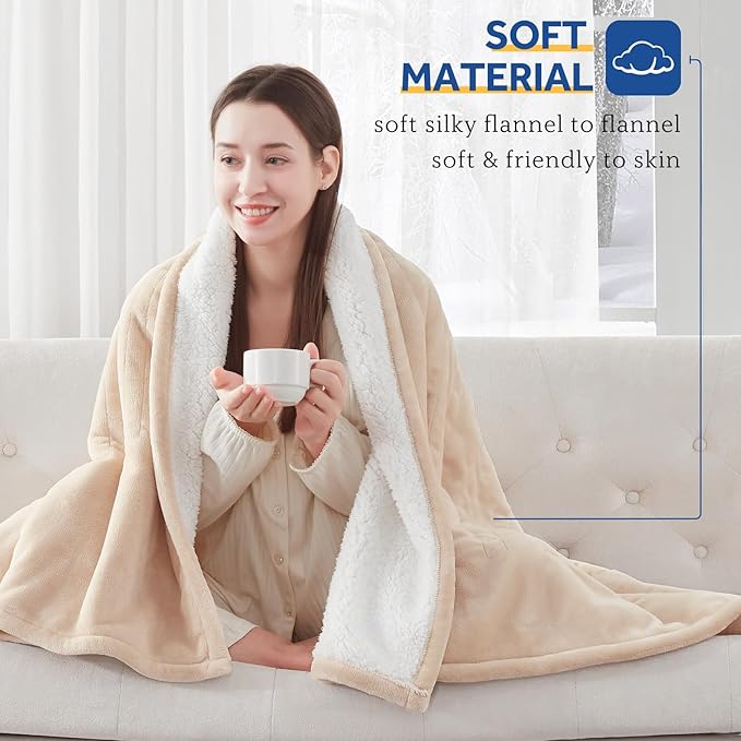 SEALY Electric Blanket King Size, Flannel & Sherpa Heated Blanket with 10 Heating Levels & 1-12 Hours Auto Shut Off, Fast Heating Warming Blanket, Machine Washable, Beige, 100 x 90 Inch