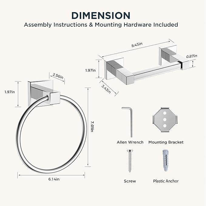 FORIOUS Toilet Paper Holder Wall Mount and Hand Towel Ring Set, SUS 304 Stainless Steel Double Post Pivoting Tissue Roll Holder, Modern Bathroom Hardware Accessories Set, Chrome