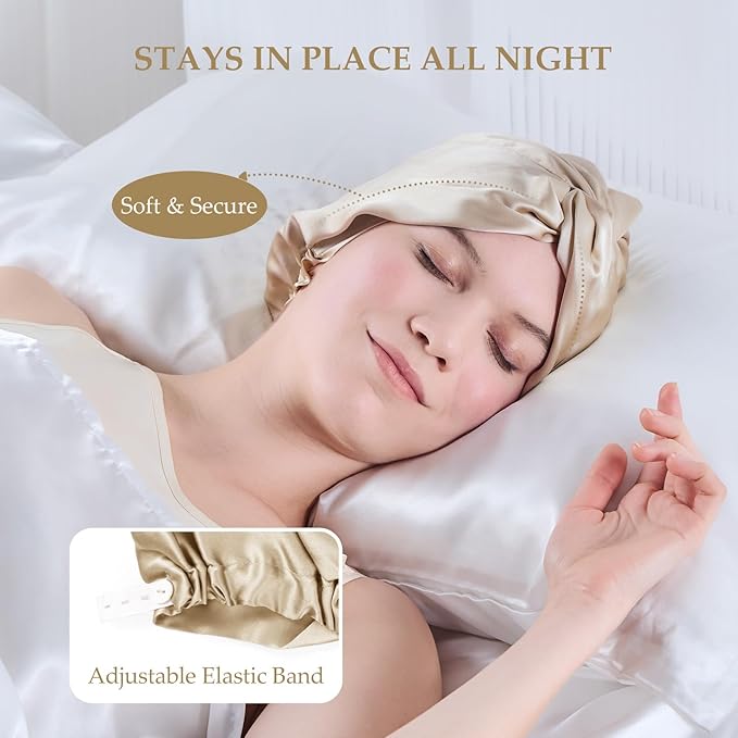 Silk Bonnet for Sleeping Women, 100% Mulberry Silk Sleep Cap with Elastic Band, Real Mulberry on Both Sides, Champagne