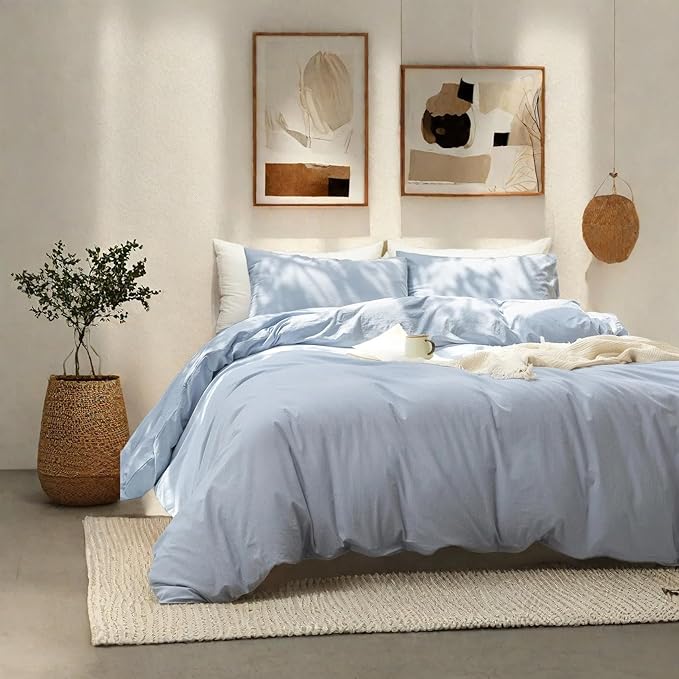 FOSSA Duvet Cover Set 100% Washed Cotton Linen Feel Super Soft Breathable Cozy 3 Pieces Bedding Sets Solid Cornflower Blue Full