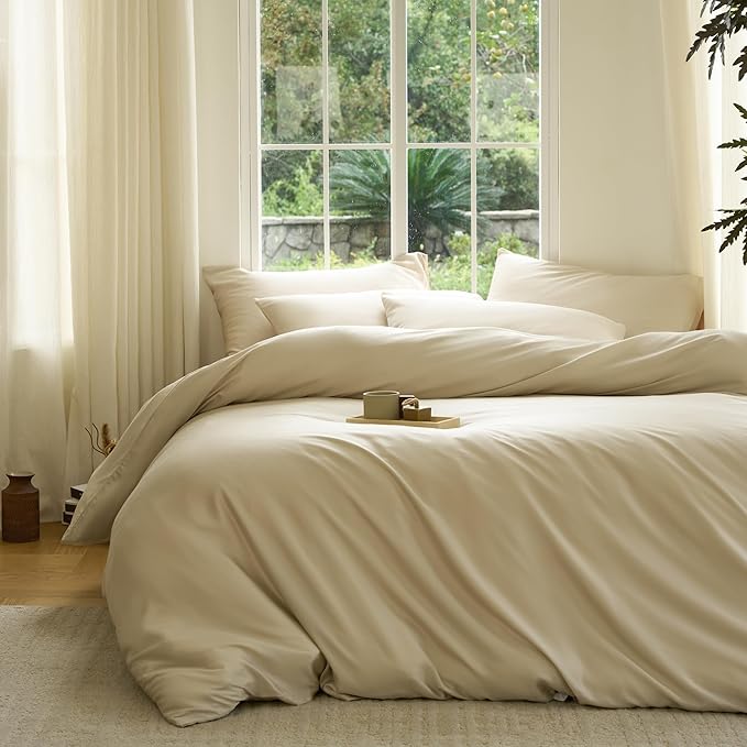 DOZ Duvet Cover Set, 100% Viscose derived from Bamboo, Organically Grown, Buttery Soft, Cooling Duvet Covers, High GSM, 1 Duvet Cover and 1 Pillowcase, 70"x90" (Sand, Twin/Twin XL)