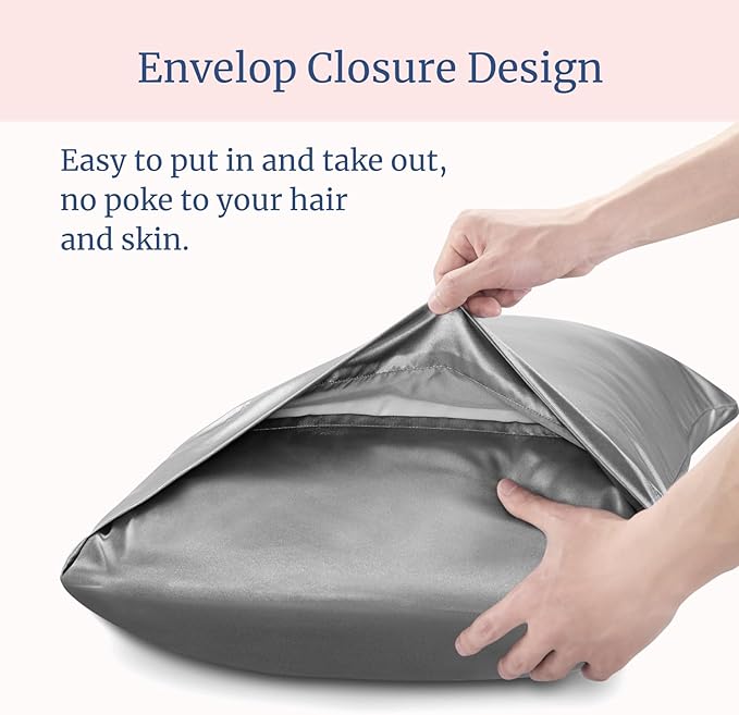 BEDELITE Satin Pillowcase for Hair and Skin, Super Soft and Cooling Similar to Silk Pillow Cases 2 Pack with Envelope Closure, Gift for Women Men(20"x26" Standard Size, Grey)
