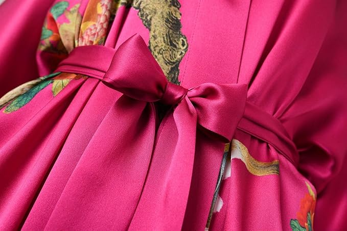 Women's Silk Kimono Robe Long Bathrobe Nightgown 100% Mulberry Silk for Women - Classic Floral Pattern