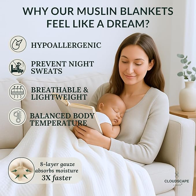 Cloud Scape Linen Extra Large 8 Layer Muslin Throw Blanket - 100% Cotton Gauze, Soft and Breathable, Winter Blanket for Couch, Sofa and Bed, Idea, 50x70, White