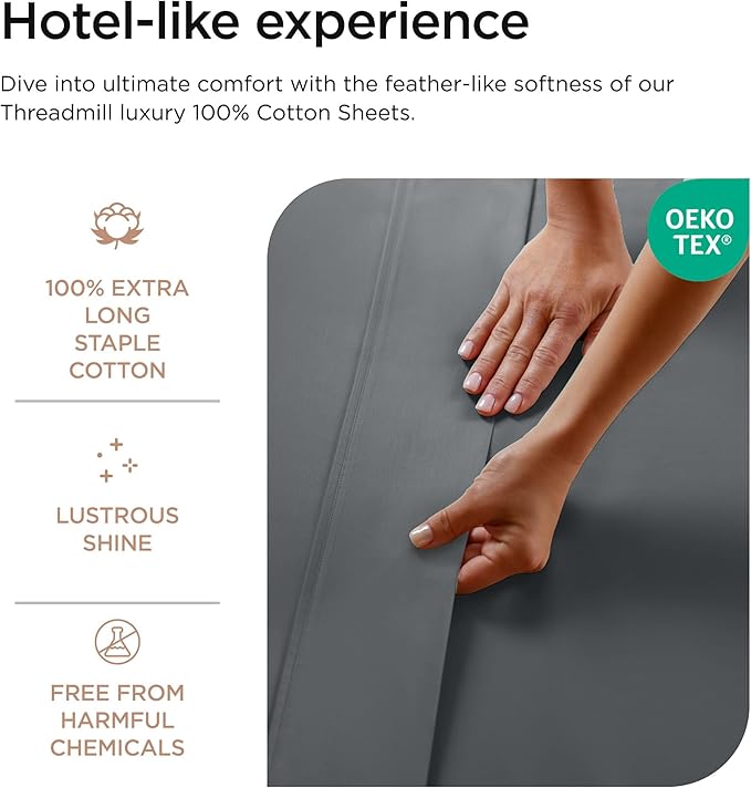 Threadmill 100% Cotton Sheets for King Size Bed - 600 Thread Count King Bed Sheets Set with 16” Deep Pocket - Sateen Weave 4-Piece Bedding Set with Cooling Effect, Dark Grey
