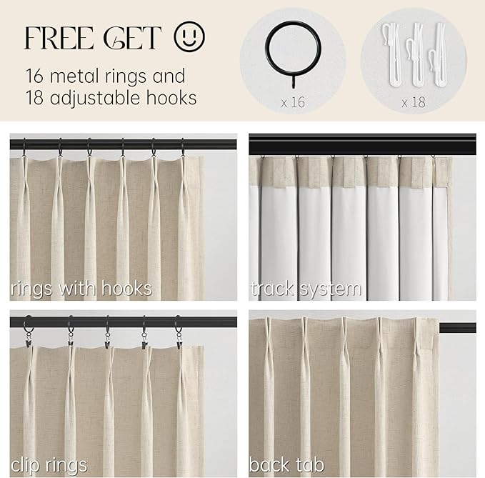 Topfinel Beige Curtains 96 Inch Long, Cream Pinch Pleated 100% Blackout Thermal Insulated Natural Linen Pinch Pleat Viral Drapes with Hooks Rings 2 Panel Sets, Burlap Flax 8FT Back Tab Curtains