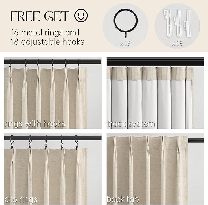 Topfinel Extra Long Total Blackout Cream Linen Curtains 108 Inches Long for Large Window with Hooks Rings, Pinch Pleated Cold Blocking Acoustic Heavy Ivory Track Tall Curtains 2 Panels 9 FT Beige Tan