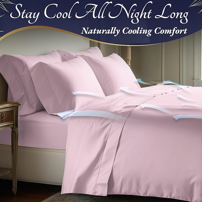 DECOLURE 100% Viscose Derived from Bamboo Sheets Full Size 4pcs - Ultra Soft & Luxuriously Cooling, 17" Deep Pocket, Double Stitching, Perfect for Hot Sleepers - Full Bed Sheets (Light Pink)