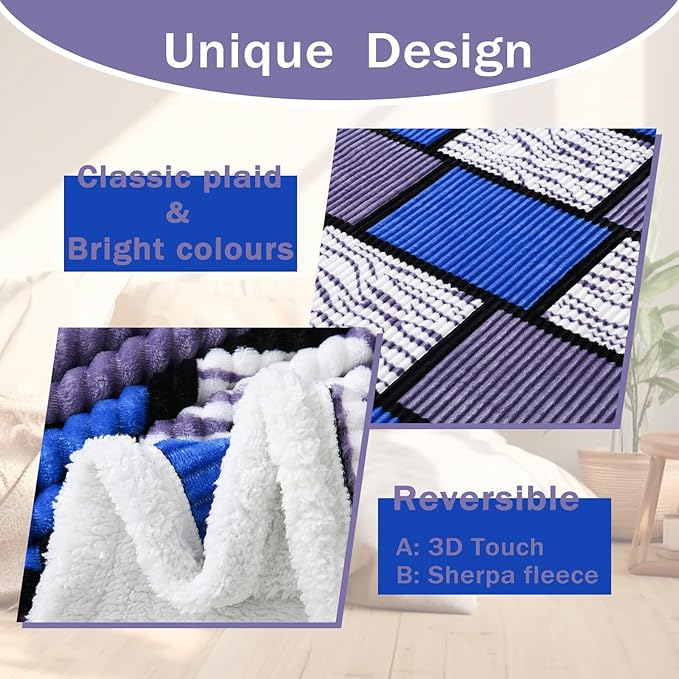 PU MEI Sherpa Blanket Fleece Throw Blanket Queen Plaid Thick Bed Blanket, Soft Warm Cozy Throw Blanket, 80”*90” Zabra-Blue Grey