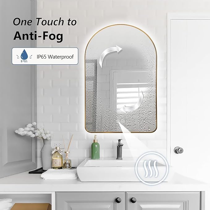 Niccy Arched LED Lighted Bathroom Mirror, 40x24 Inch Backlit Vanity Bathroom Mirror with Lights Brushed Gold Framed Wall Mounted Mirrors with 3 Color Shatterproof Arch Smart Fog Free Mirror