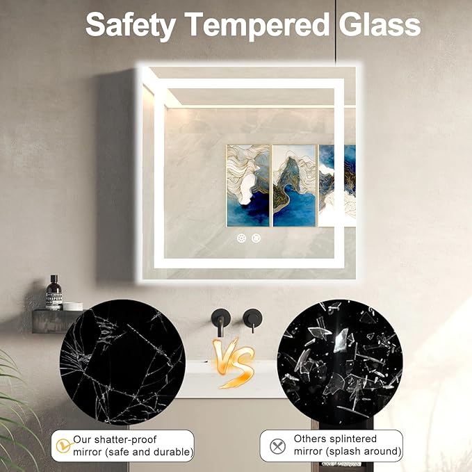 28 X 28 Inch Square LED Bathroom Vanity Mirror, 3 Colors Light Dimmable, Wall Mounted Memory Lighted Makeup Mirror with Anti-Fog Touch Switch (Front-lit&Backlit)
