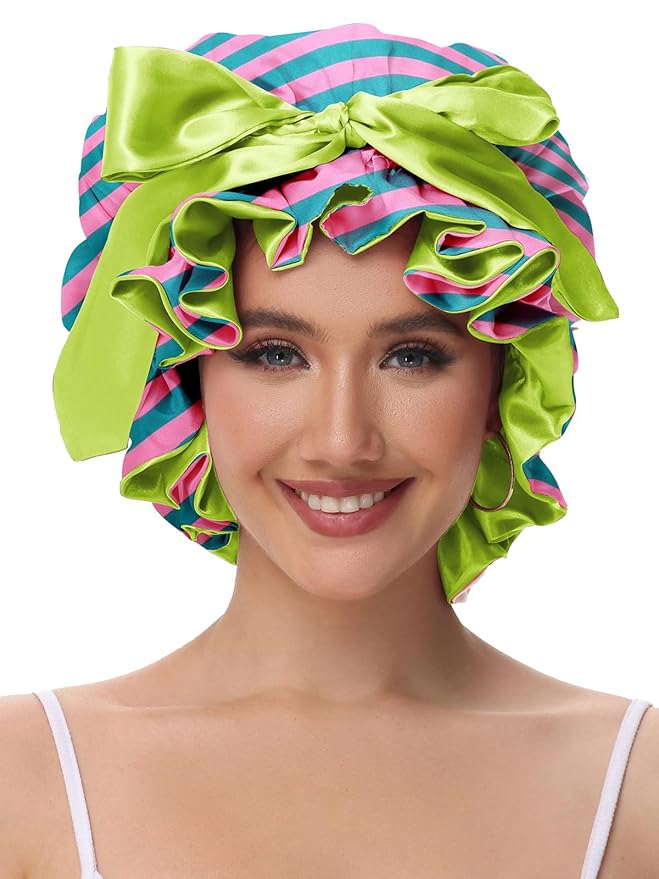 Silk Hair Bonnet for Sleeping, Satin Shower Cap for Women 2025 with Tie Band and Adjustable Straps Head Wrap for Curly Hair Pink-Red-Green F