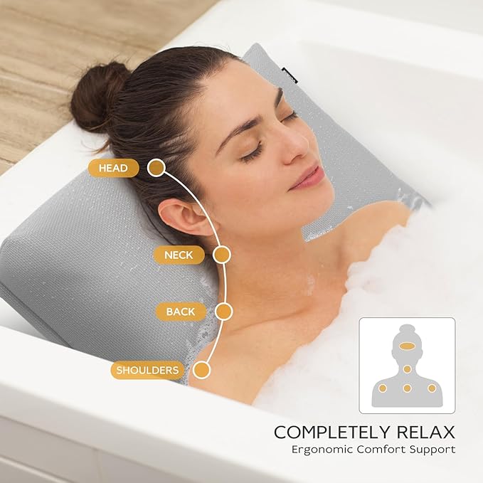 Bath Pillows for Tub Neck and Back Support,Bathtub Cushion backrest headrest Neck Pillow,tub Pillow for Bathtub,3D Mesh Core,Breathable,Quick-Drying,Ergonomic Relaxation,Gray